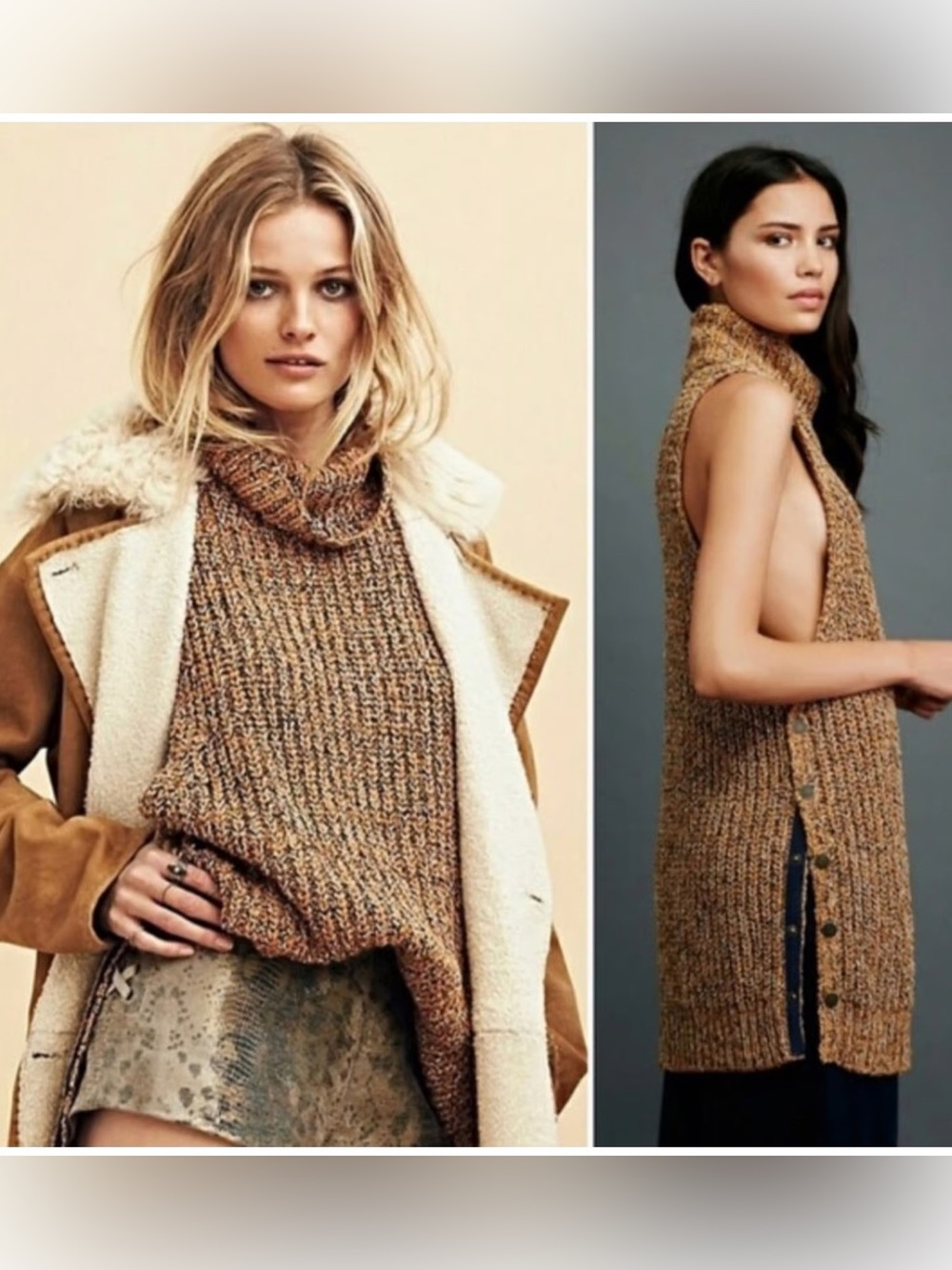 Free People. Valentina Chunky Sleeveless Tunic Sweater. Tan/Navy/White. Medium. - Picture 2 of 14